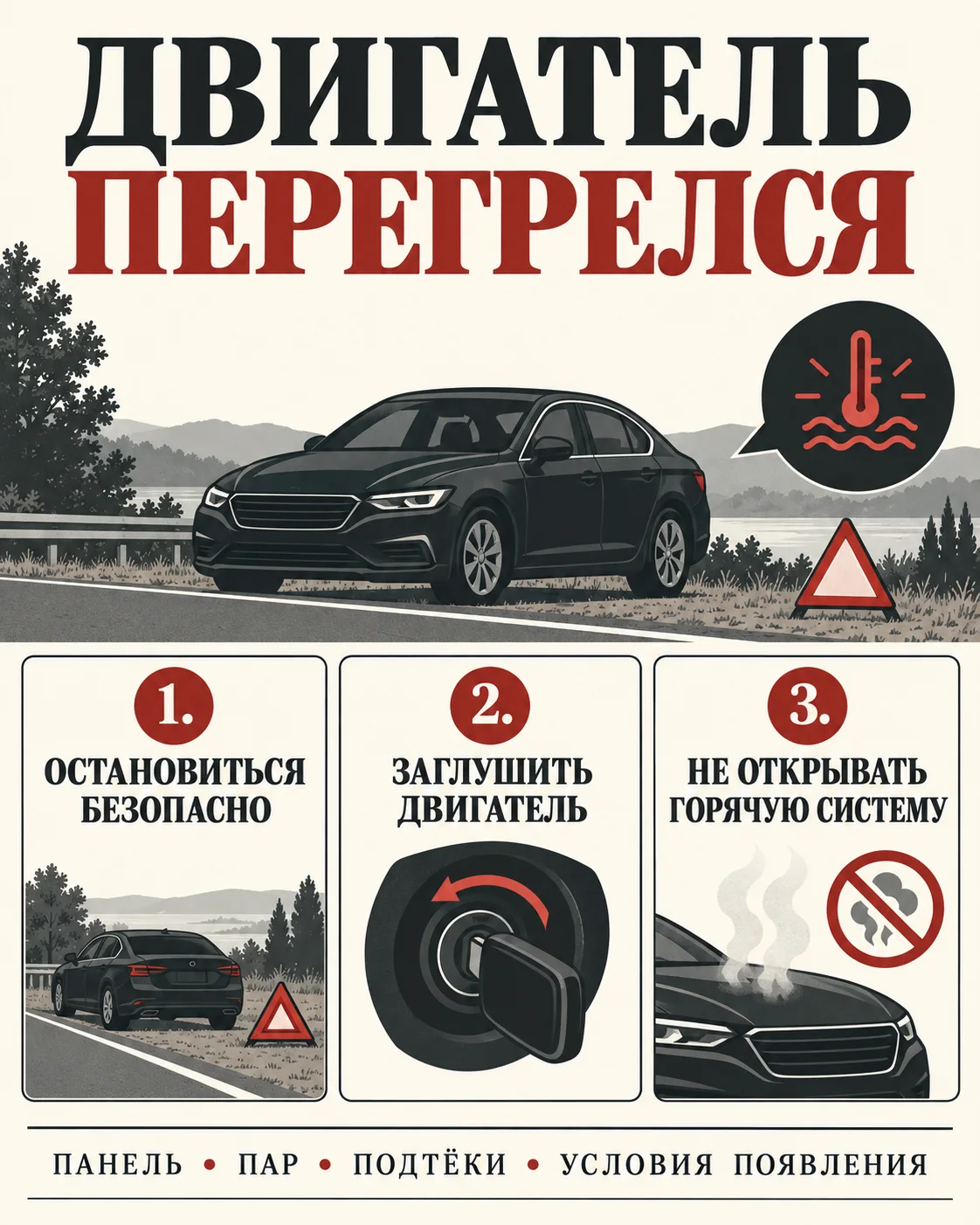 Инфографика: безопасная остановка, выключение двигателя и запрет открывать горячую систему при перегреве
