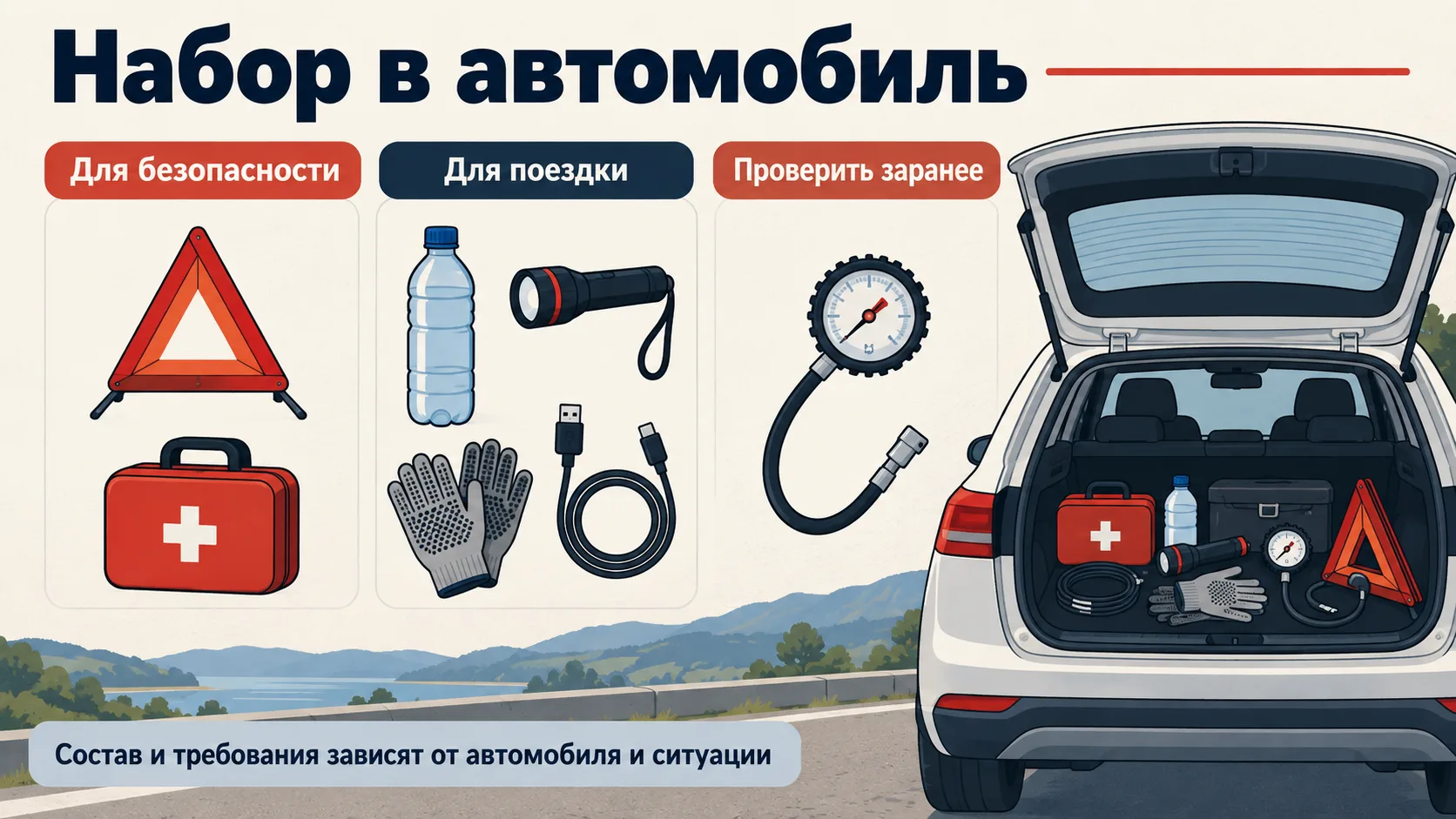 Инфографика с набором для автомобиля: знак аварийной остановки, аптечка, фонарь, вода, перчатки, кабель и манометр