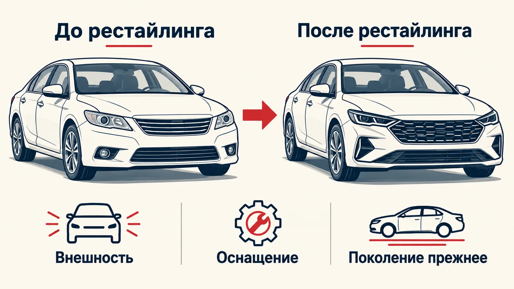 Инфографика: отличие автомобиля до и после рестайлинга
