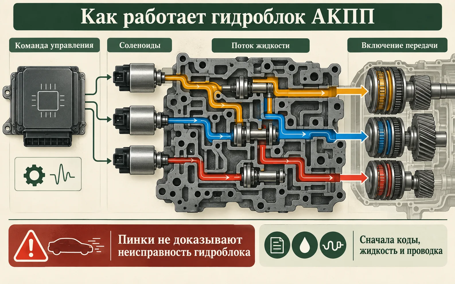 Инфографика с принципом работы гидроблока автоматической коробки передач