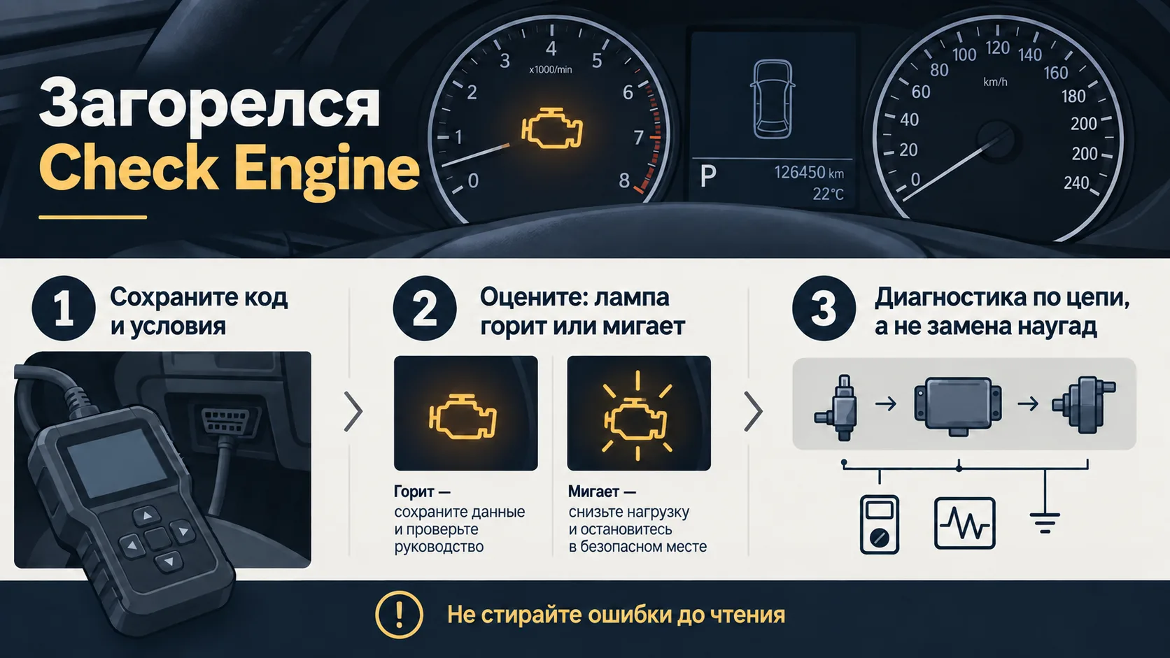 Инфографика: порядок действий при индикаторе Check Engine