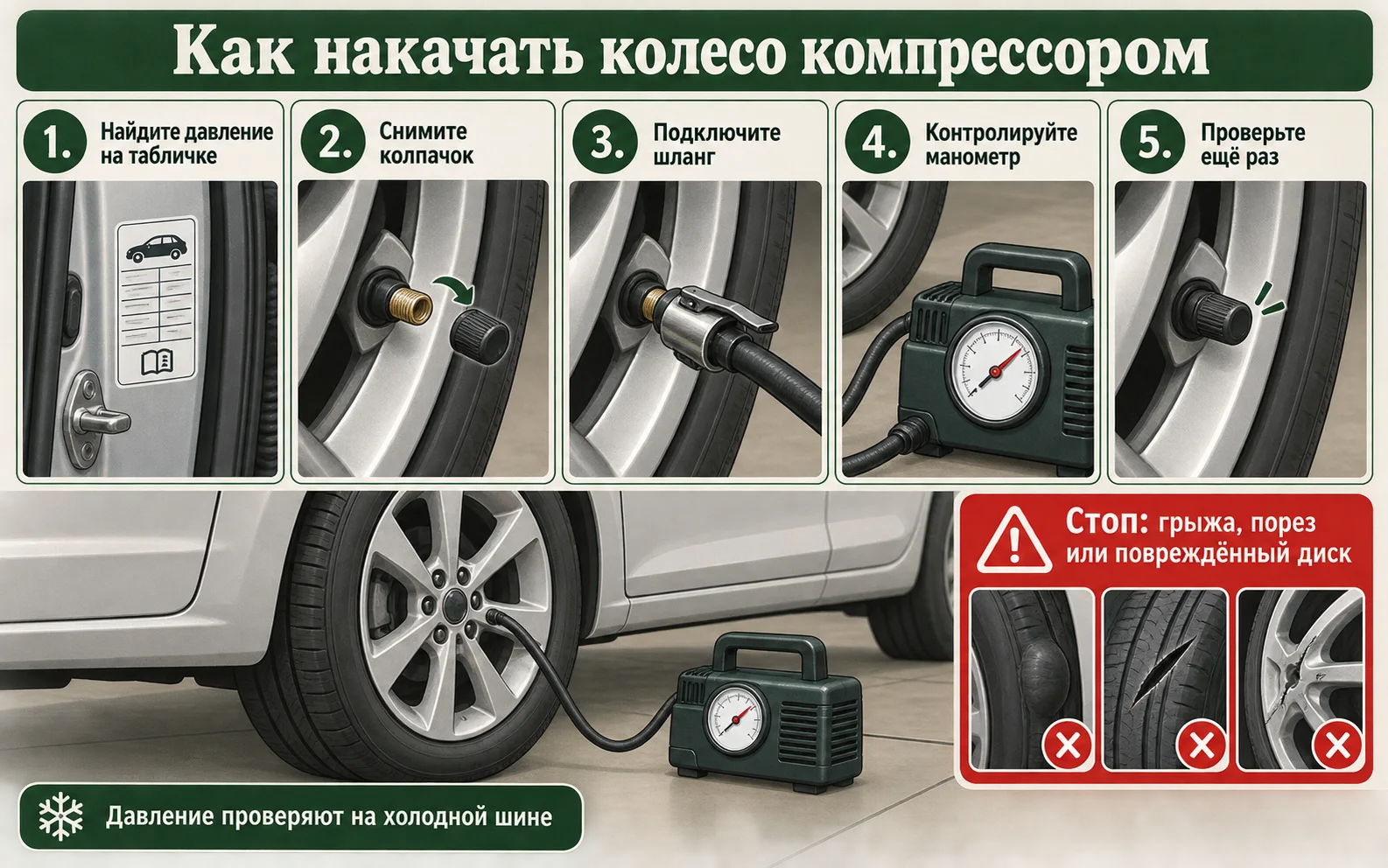 Инфографика с пятью шагами подкачки автомобильного колеса компрессором