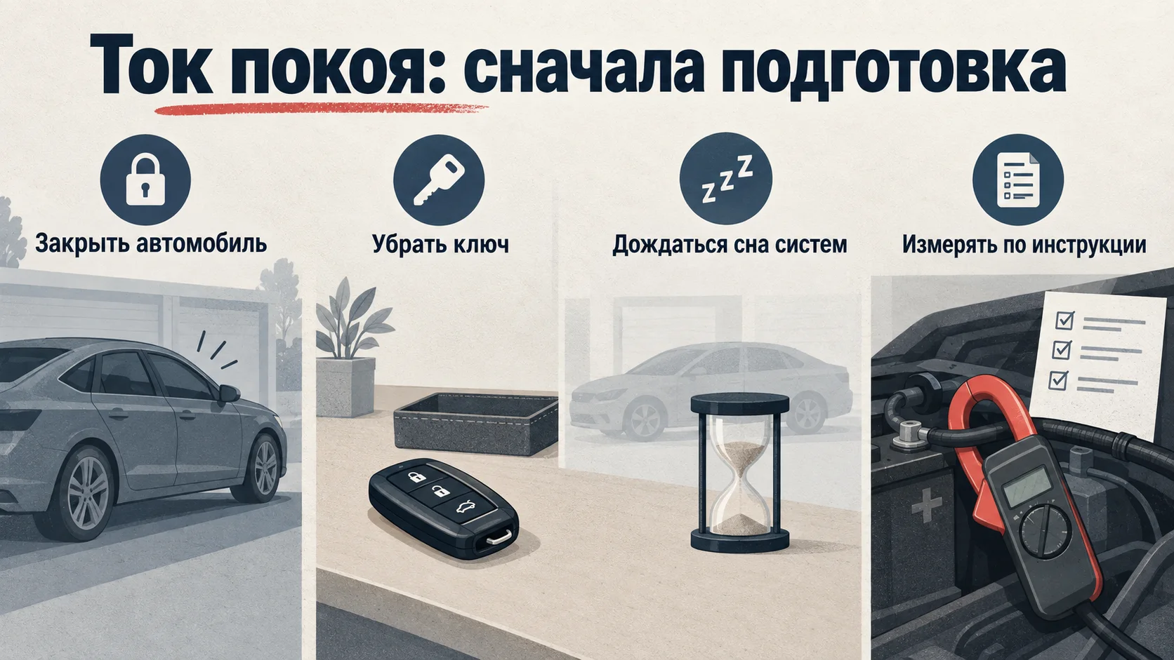 Инфографика: подготовка автомобиля к проверке тока покоя