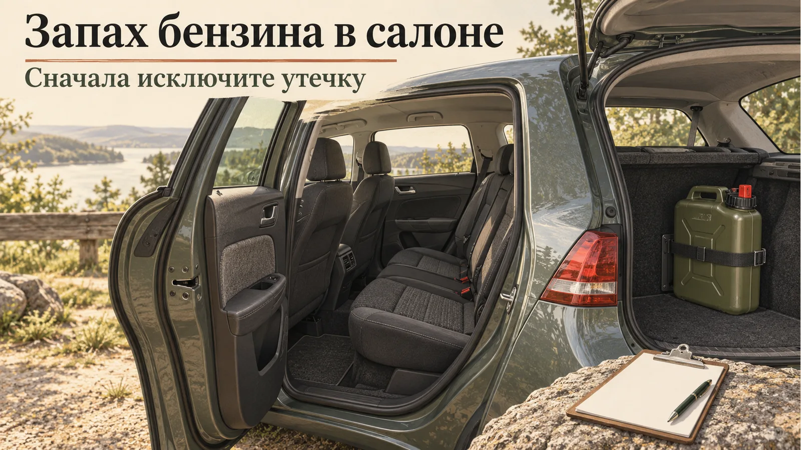Пустой салон и закреплённая топливная ёмкость: иллюстрация к проверке источника запаха бензина