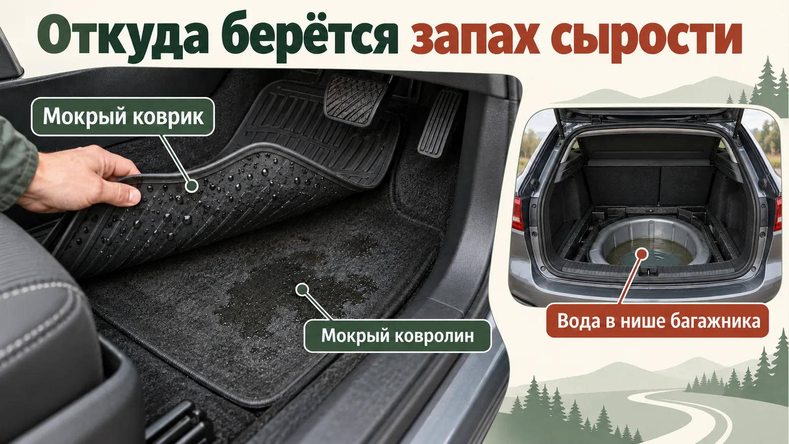 Мокрый коврик, влажный ковролин и вода в нише багажника: места проверки запаха сырости