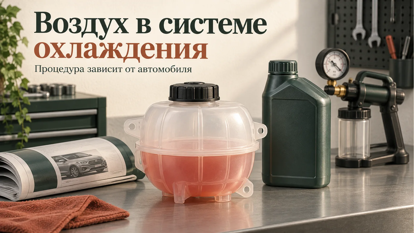 Закрытый расширительный бачок, сервисное руководство и вакуумный прибор на верстаке