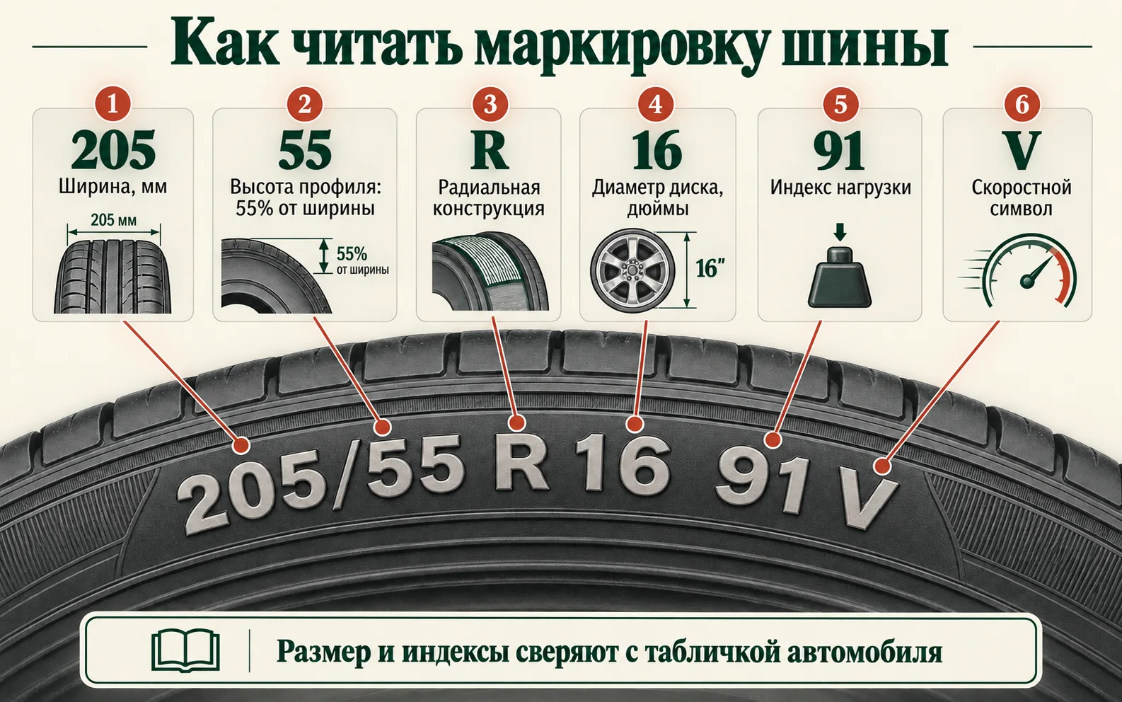 Инфографика с расшифровкой маркировки шины 205 55 R16 91V