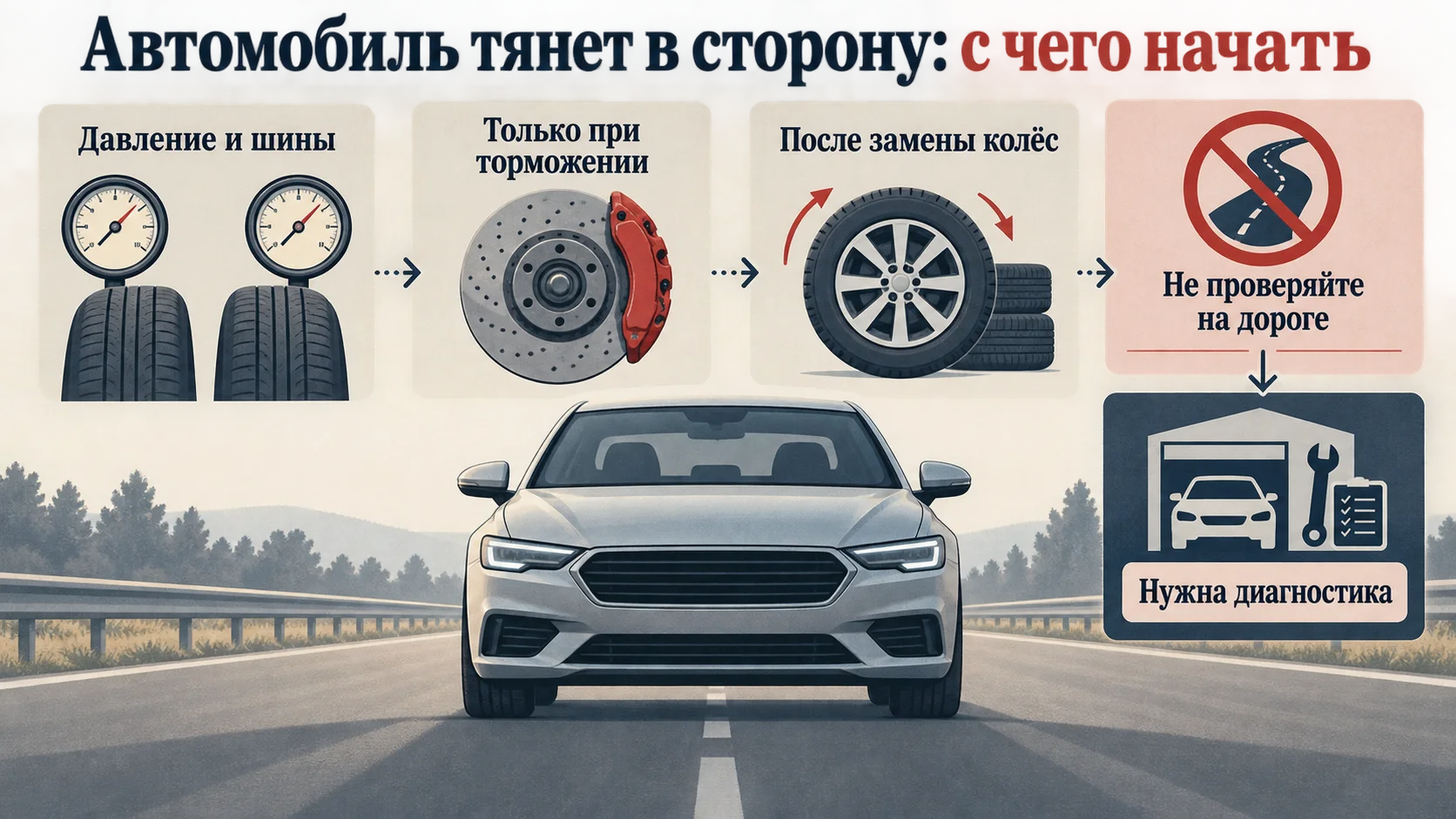 Инфографика: безопасный порядок первичных проверок, если автомобиль тянет в сторону