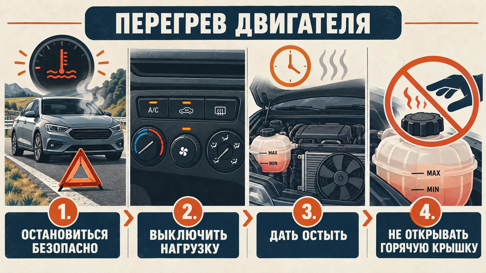 Инфографика: безопасные действия при перегреве двигателя