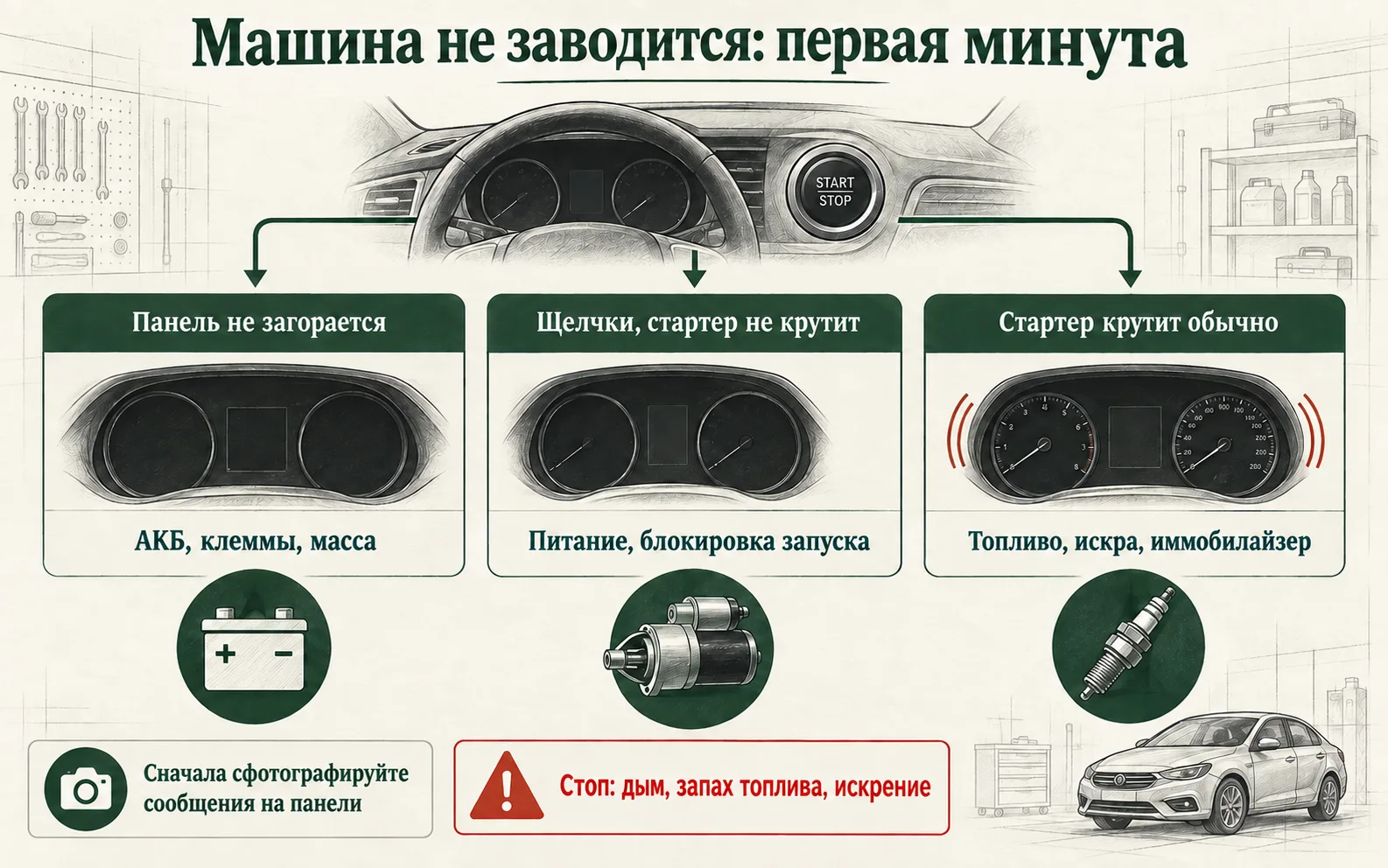 Инфографика: три первые ветви проверки, если автомобиль не запускается