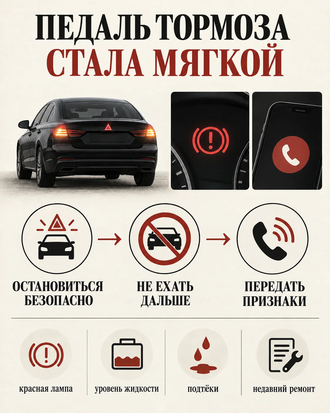 Инфографика: безопасная остановка, отказ от дальнейшей поездки и признаки для техпомощи при мягкой педали тормоза