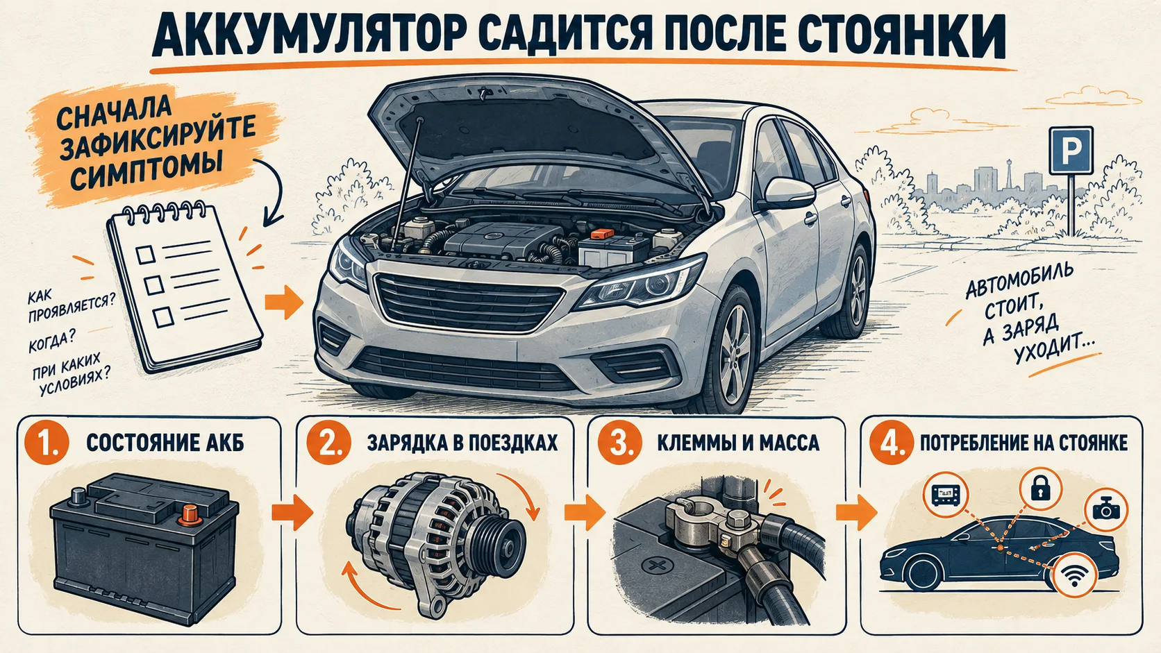 Инфографика: четыре ветви проверки разряжающегося аккумулятора