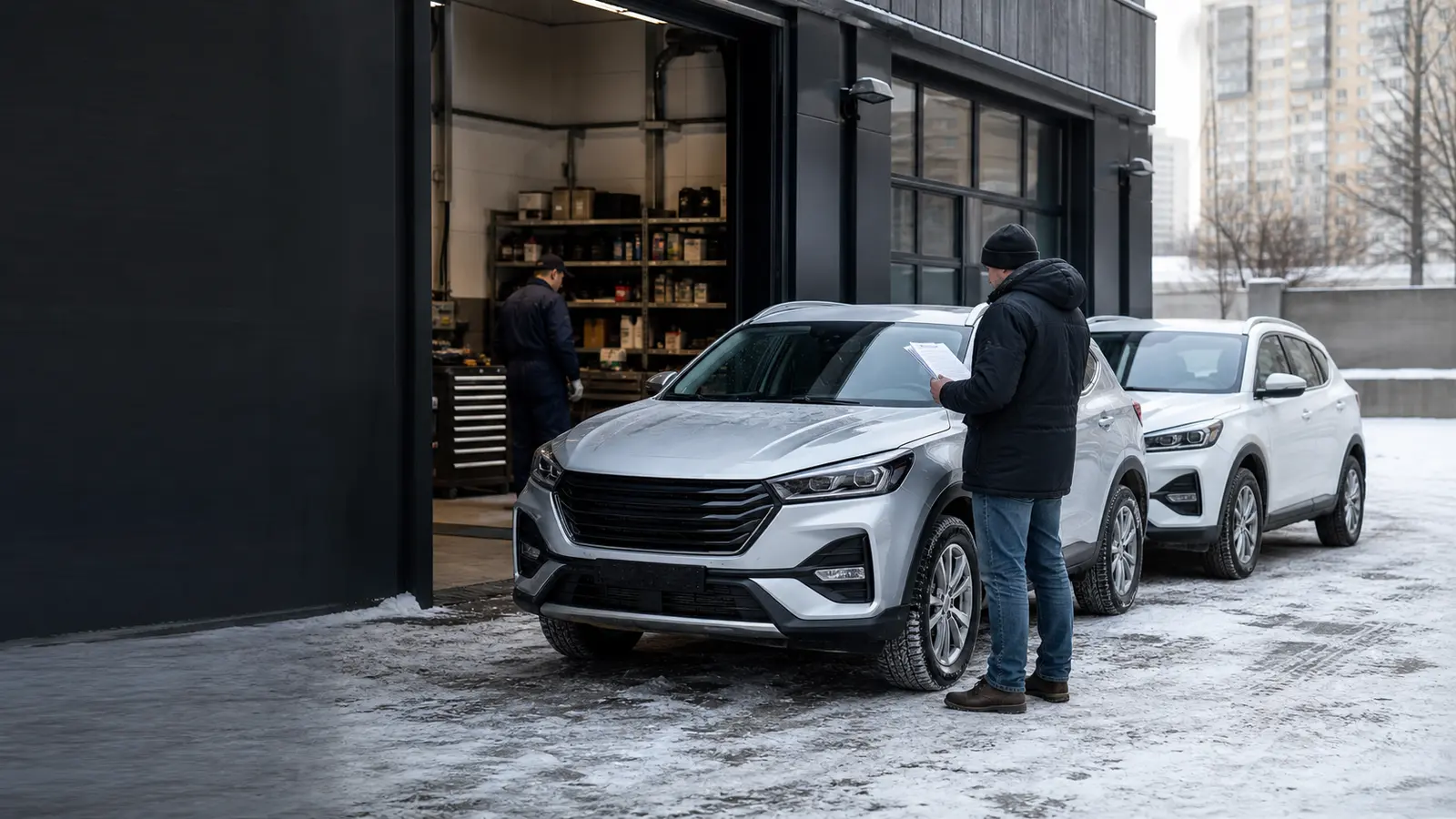 Китайские кроссоверы рядом с независимым автосервисом зимой