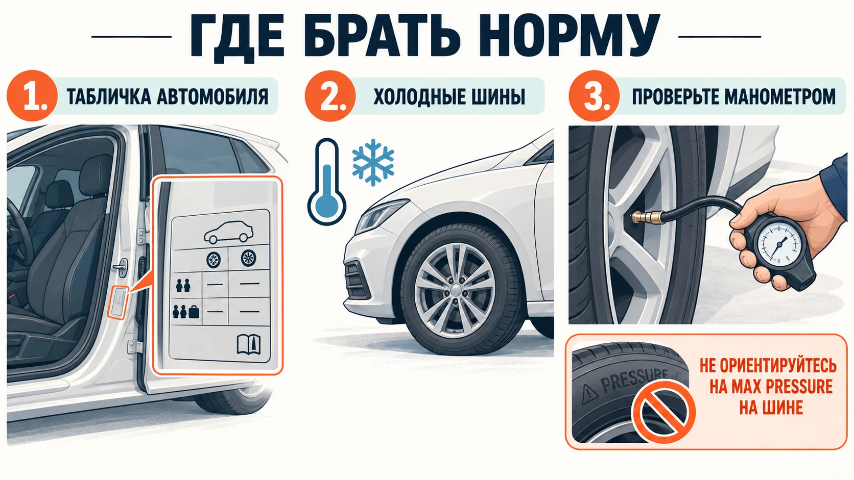 Инфографика: табличка автомобиля, холодные шины и манометр для проверки давления