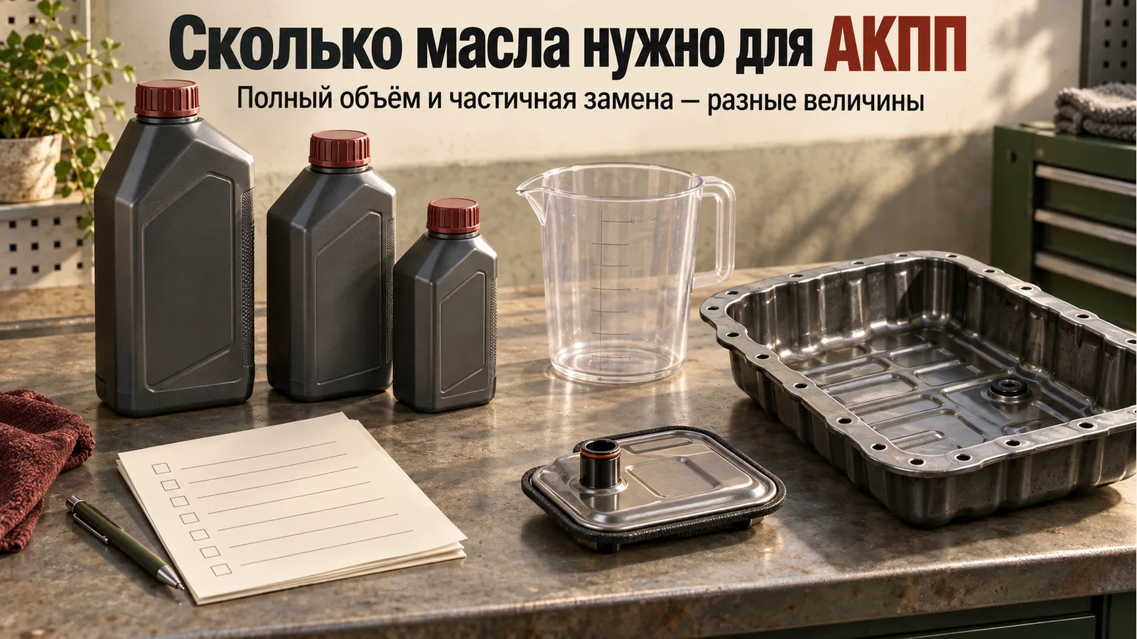 Закрытые бутылки трансмиссионной жидкости, мерная ёмкость и поддон как иллюстрация разных объёмов обслуживания