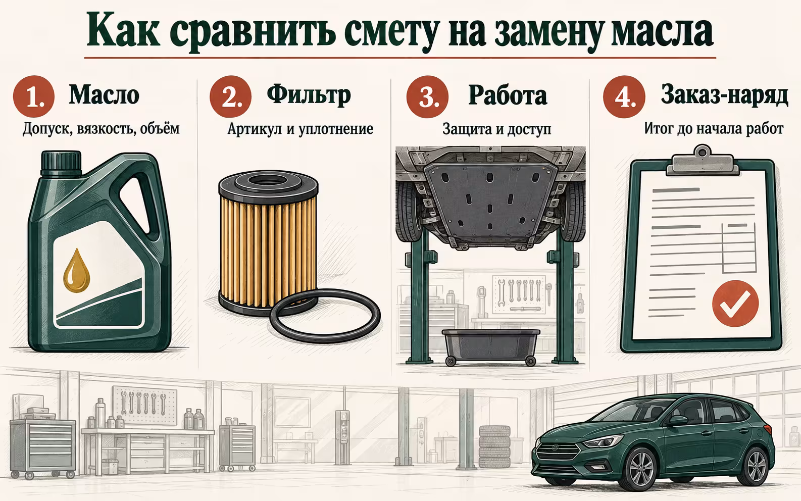 Инфографика: четыре строки, по которым сравнивают смету на замену масла