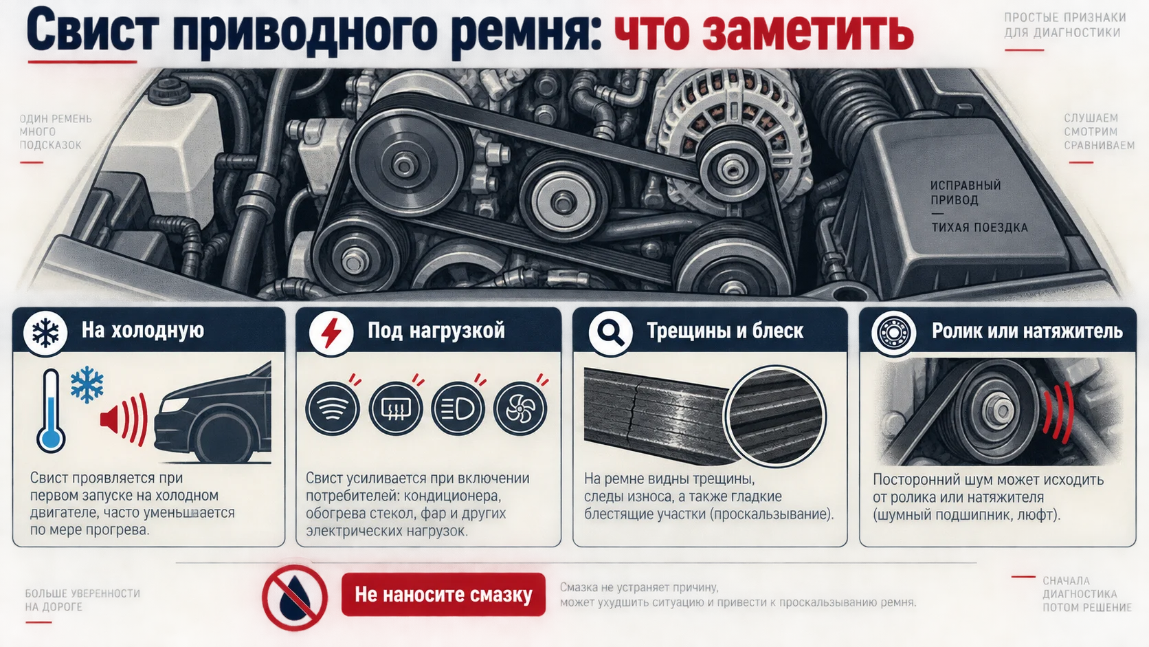 Инфографика: признаки, которые помогают различать причины свиста приводного ремня