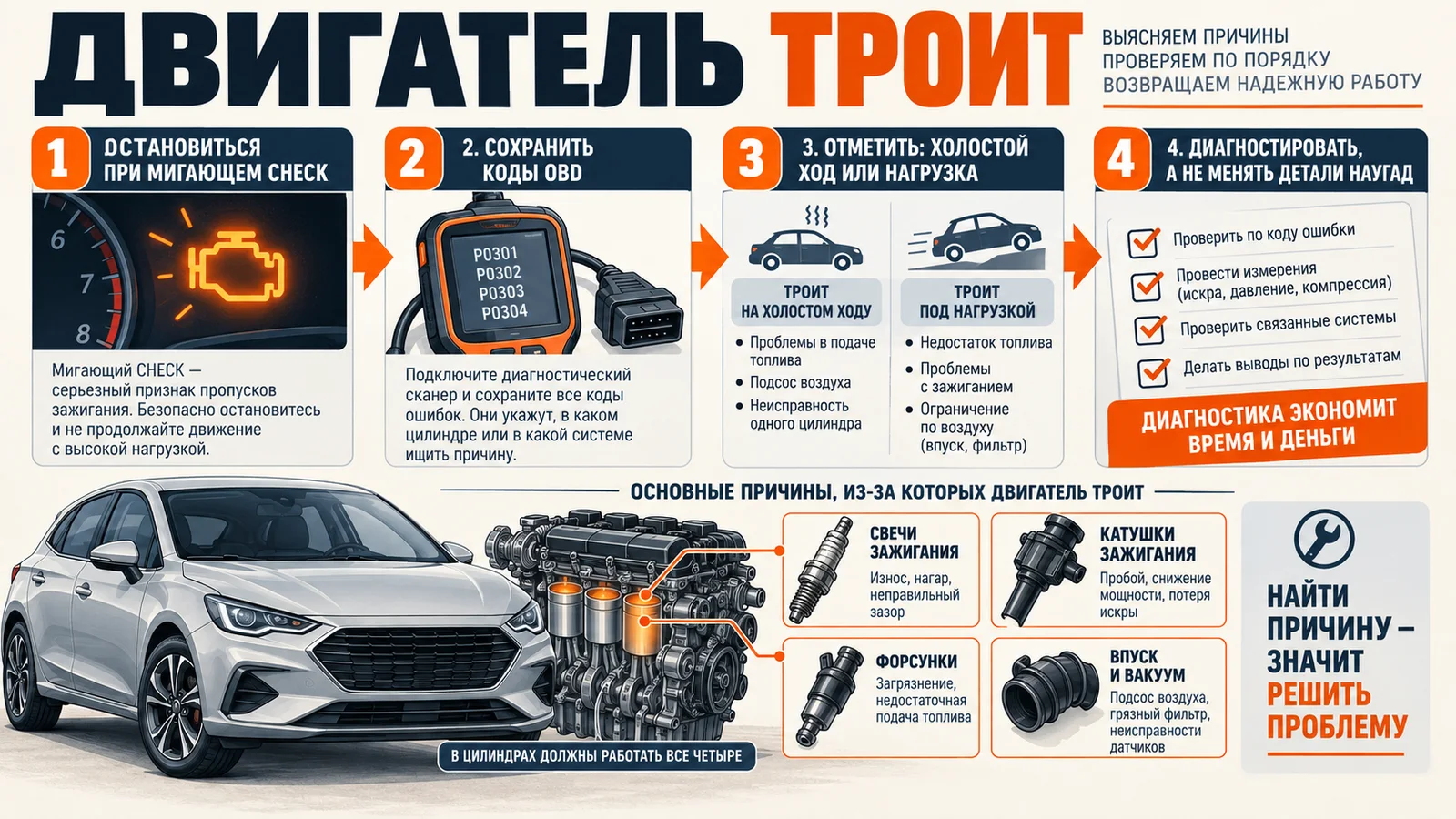Инфографика: порядок действий, если двигатель троит - остановиться при мигающем индикаторе, сохранить коды, отметить режим и провести диагностику