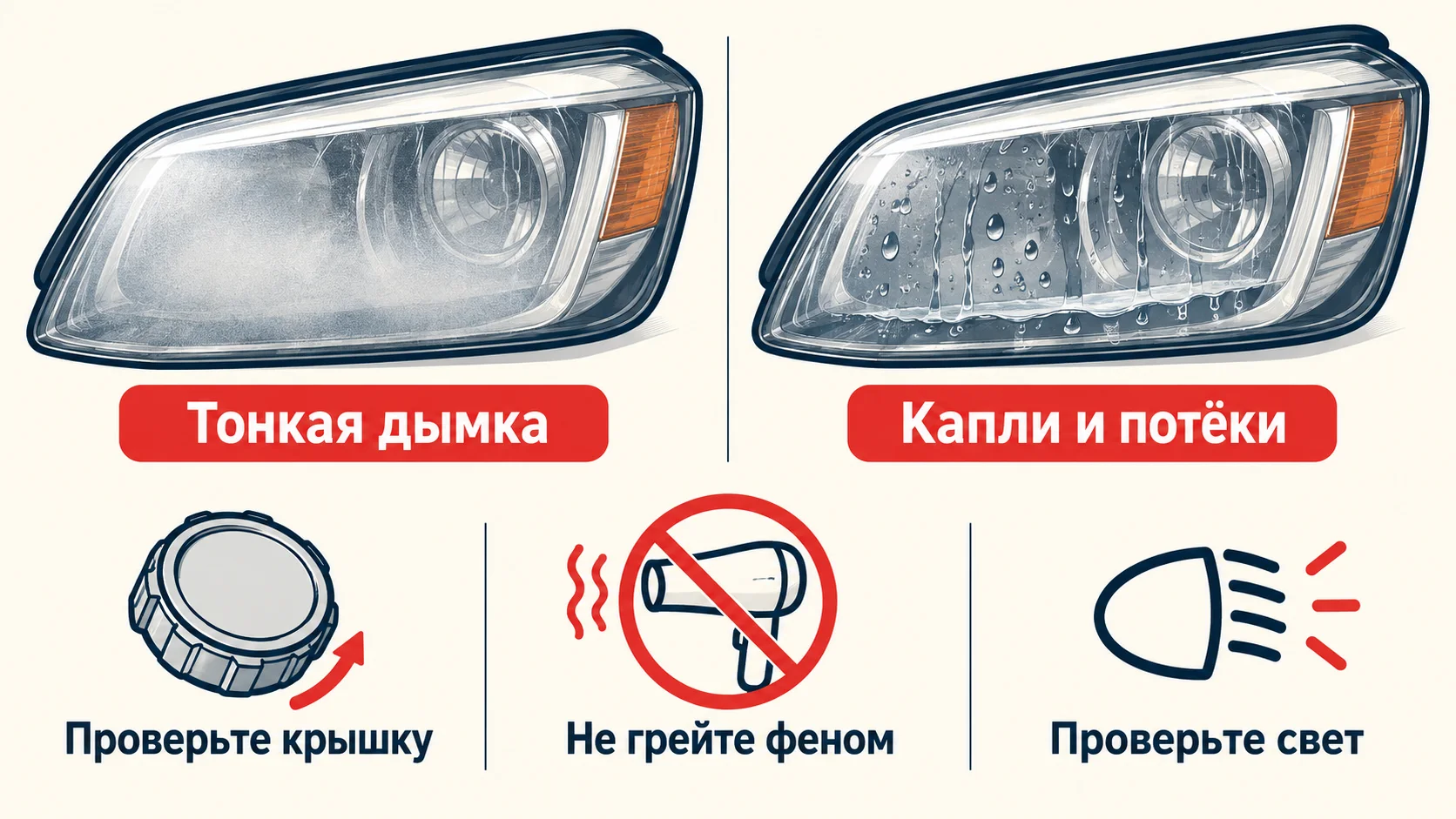 Инфографика: тонкая дымка и вода с потёками внутри автомобильной фары